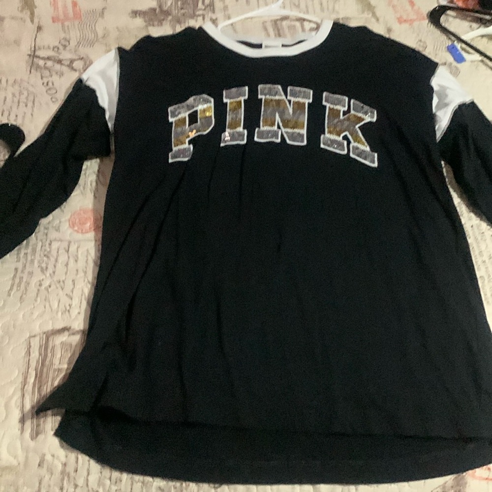 “PINK” gold, silver, and black sweatshirt